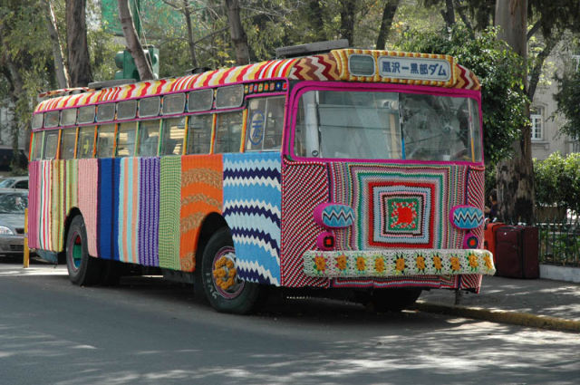 Image 26 -- Yarn bombing a bus in Mexico City